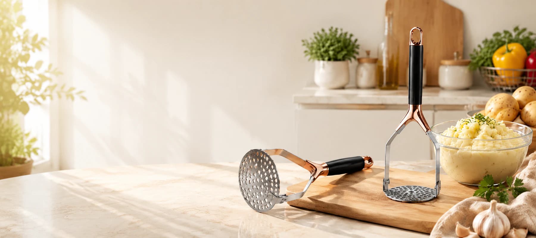 Obsoorth potato mashers in a warm kitchen setting
